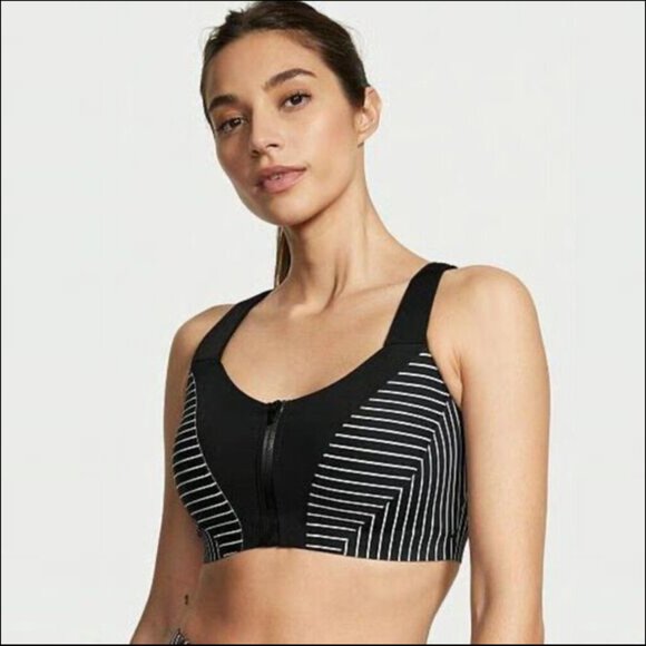 Victoria's Secret Knockout Front-Close Sports Bra, Black/White Pinstripe, 38DD - Picture 2 of 9